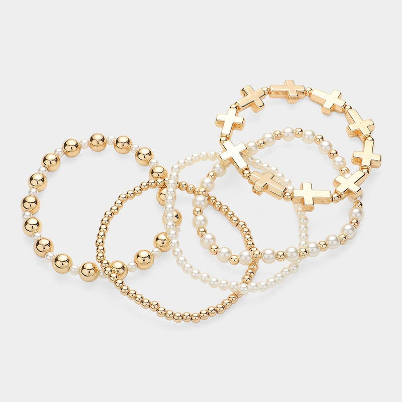 5PCS - Metal Cross Pearl Bead Stretch Multi Layered Bracelet-zoom-