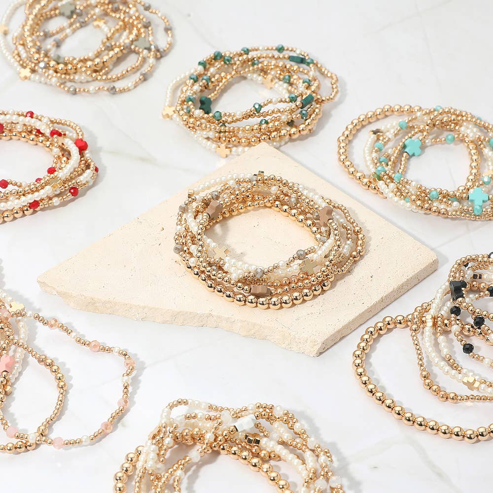 7PCS - Cross Pearl Metal Ball Beaded Stretch Multi Layered Bracelets-1