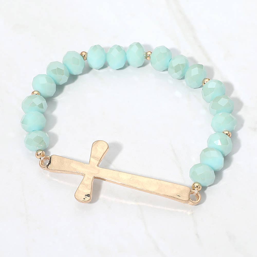 Brushed Hammered Metal Cross Accent Faceted Beaded Stretch Bracelet-9