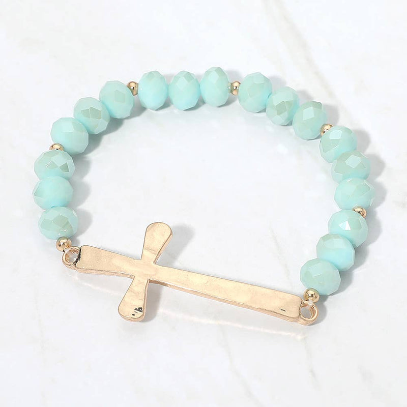 Brushed Hammered Metal Cross Accent Faceted Beaded Stretch Bracelet-zoom-