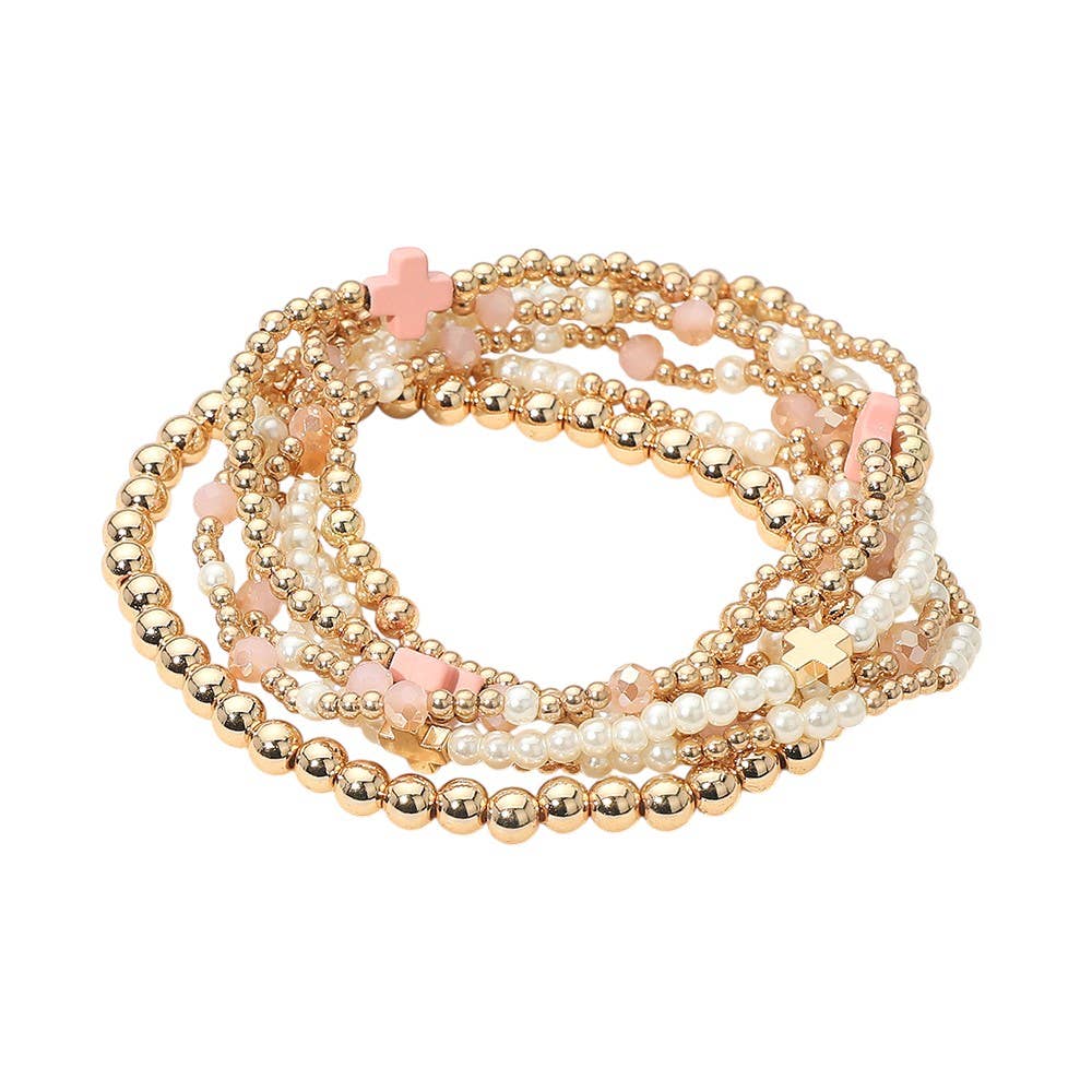 7PCS - Cross Pearl Metal Ball Beaded Stretch Multi Layered Bracelets-zoom-18