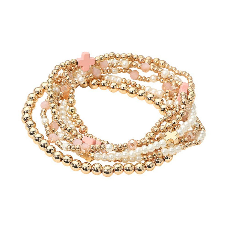 7PCS - Cross Pearl Metal Ball Beaded Stretch Multi Layered Bracelets-zoom-
