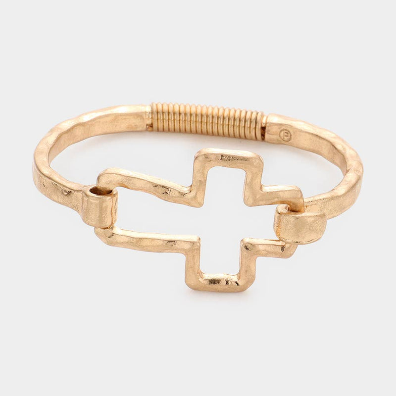 Hammered Open Metal Cross Hook Bracelet-zoom-