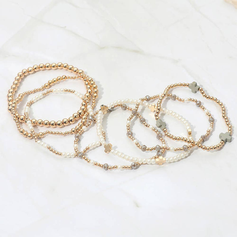 7PCS - Cross Pearl Metal Ball Beaded Stretch Multi Layered Bracelets-zoom-