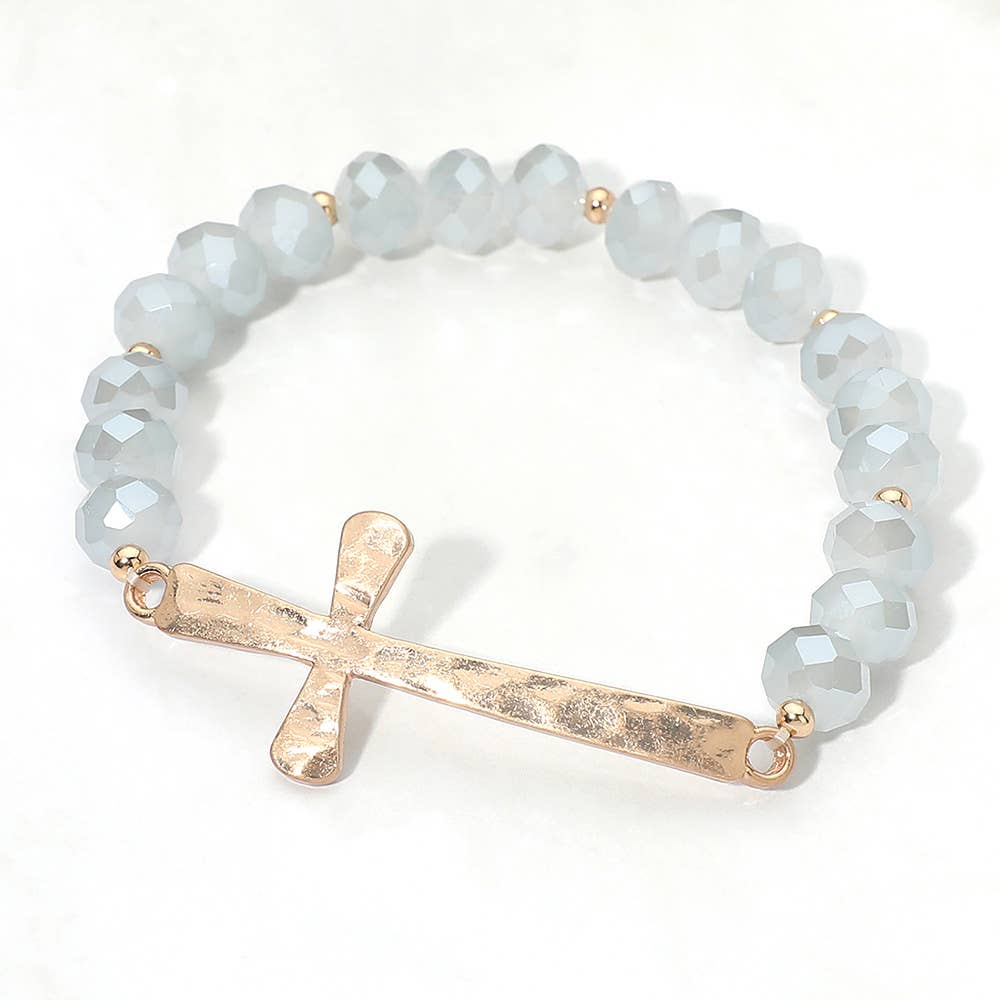 Brushed Hammered Metal Cross Accent Faceted Beaded Stretch Bracelet-14