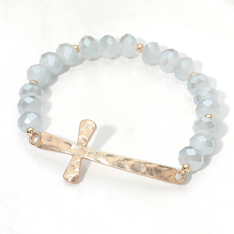 Brushed Hammered Metal Cross Accent Faceted Beaded Stretch Bracelet-zoom-