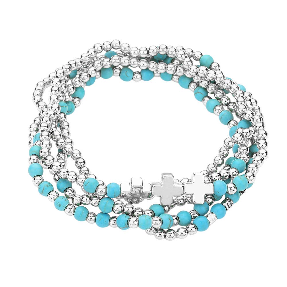 5PCS - Natural Stone Metal Cross Ball Beaded Stretch Multi Layered Bracelets-11