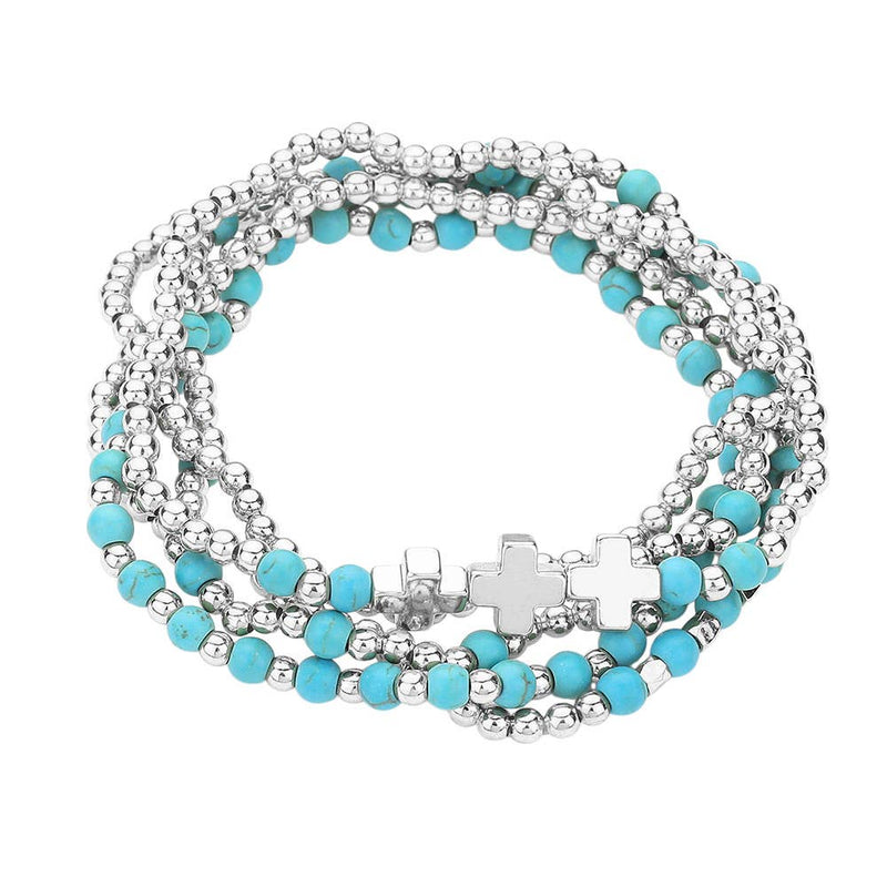 5PCS - Natural Stone Metal Cross Ball Beaded Stretch Multi Layered Bracelets-zoom-