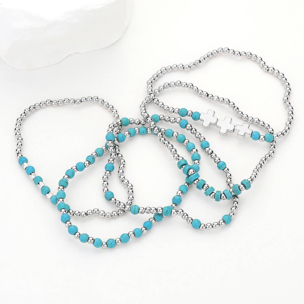 5PCS - Natural Stone Metal Cross Ball Beaded Stretch Multi Layered Bracelets-12
