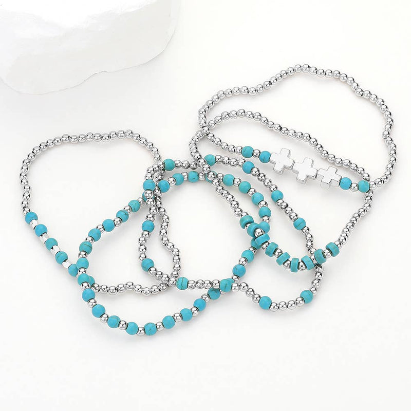 5PCS - Natural Stone Metal Cross Ball Beaded Stretch Multi Layered Bracelets-zoom-