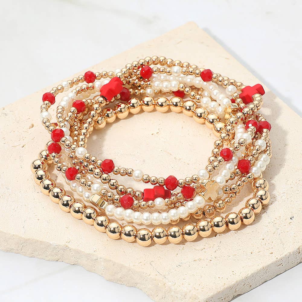 7PCS - Cross Pearl Metal Ball Beaded Stretch Multi Layered Bracelets-zoom-12