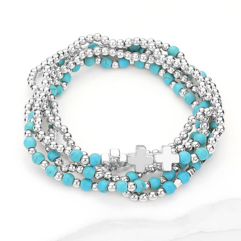 5PCS - Natural Stone Metal Cross Ball Beaded Stretch Multi Layered Bracelets-zoom-