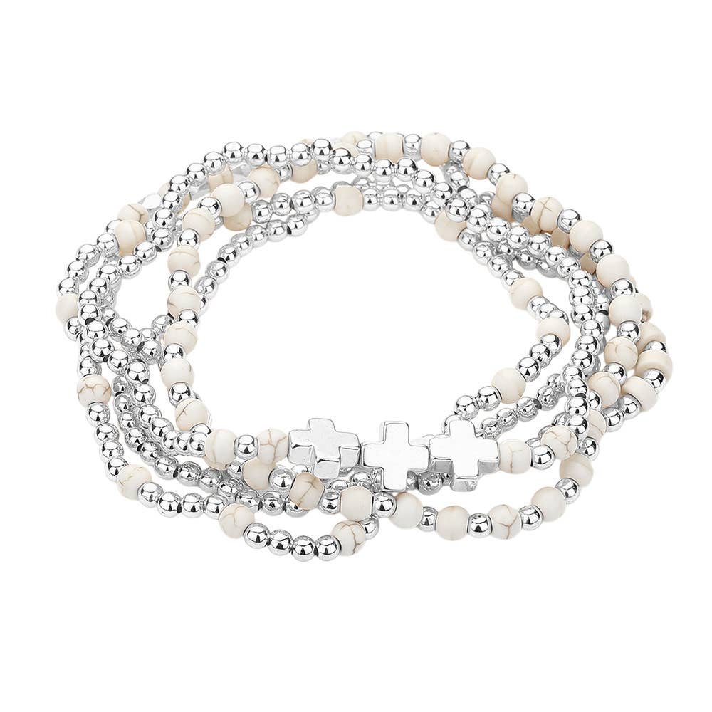 5PCS - Natural Stone Metal Cross Ball Beaded Stretch Multi Layered Bracelets-zoom-6