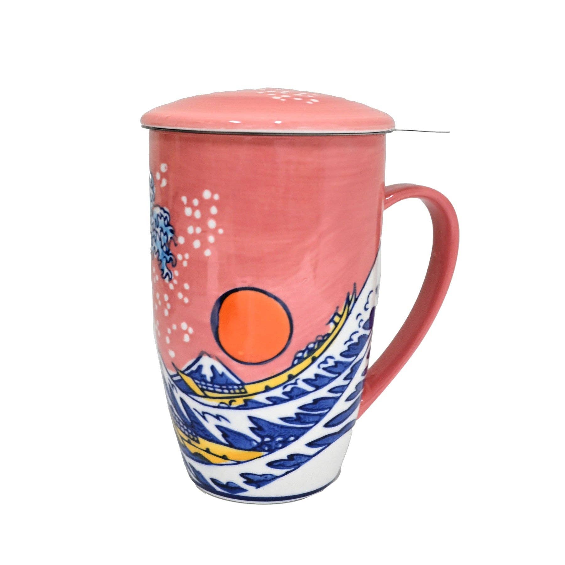 JAPANESE 15 oz TEA MUG WITH INFUSER - SUNSET WAVE (CORAL)-zoom-1