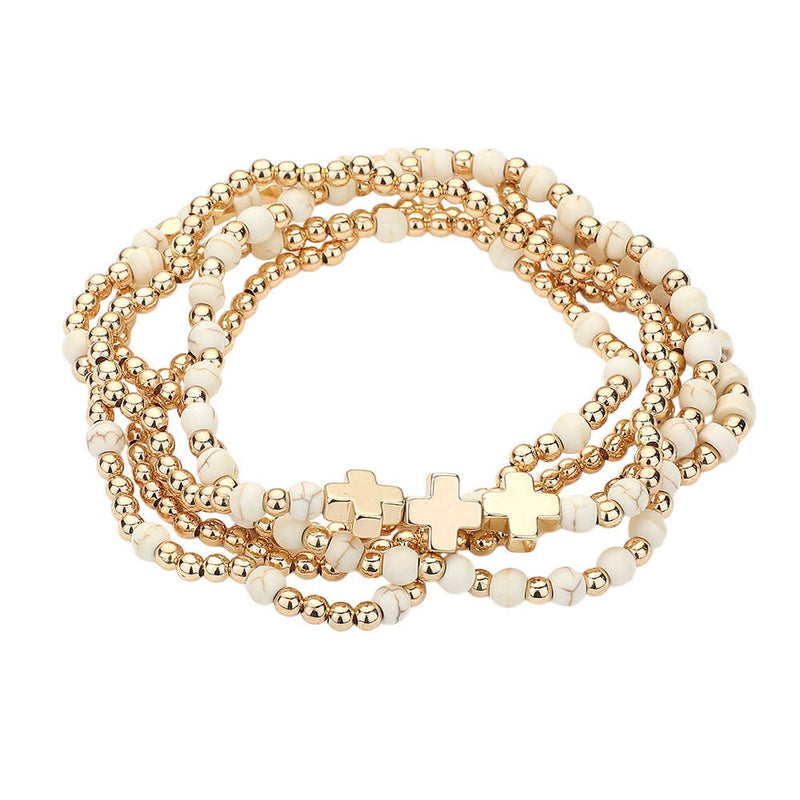 5PCS - Natural Stone Metal Cross Ball Beaded Stretch Multi Layered Bracelets-zoom-