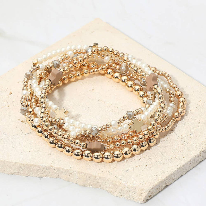 7PCS - Cross Pearl Metal Ball Beaded Stretch Multi Layered Bracelets-zoom-