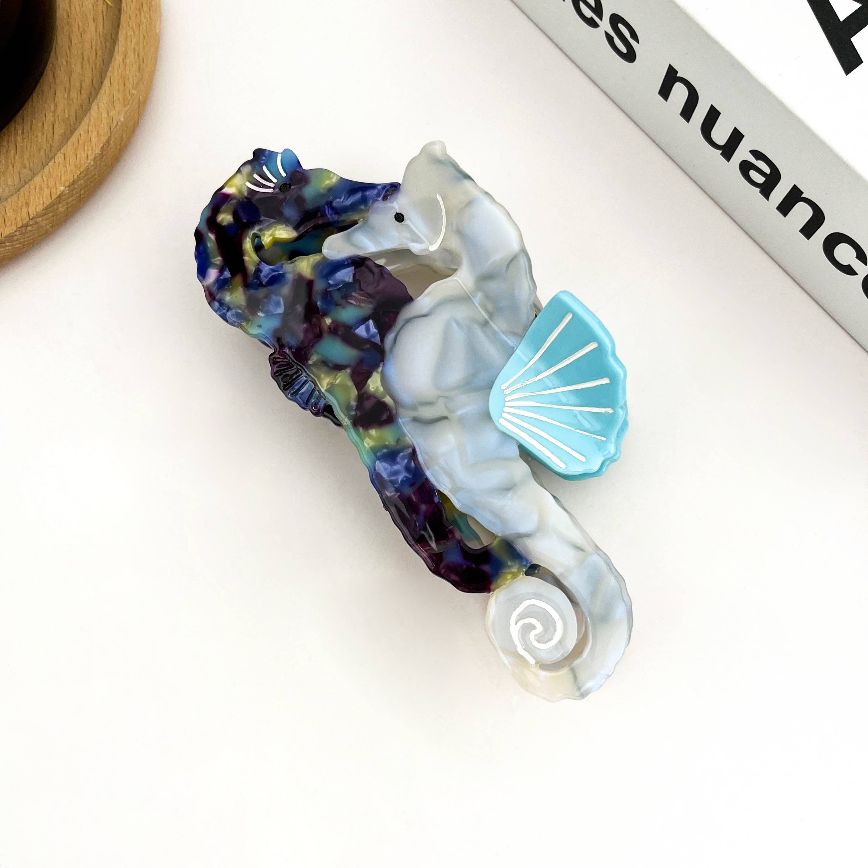 Blue Seahorse Hair Clip, Ocean-Inspired Animal Claw Clip-zoom-3