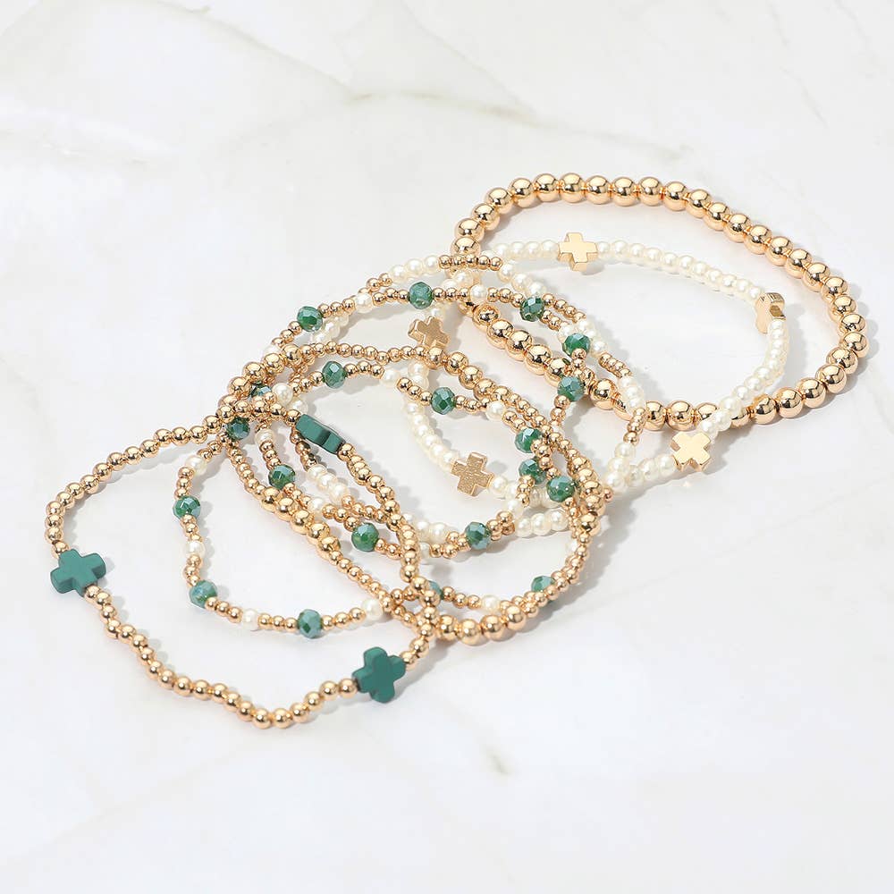 7PCS - Cross Pearl Metal Ball Beaded Stretch Multi Layered Bracelets-9