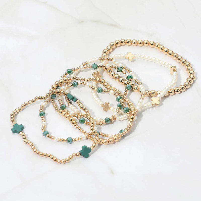 7PCS - Cross Pearl Metal Ball Beaded Stretch Multi Layered Bracelets-zoom-