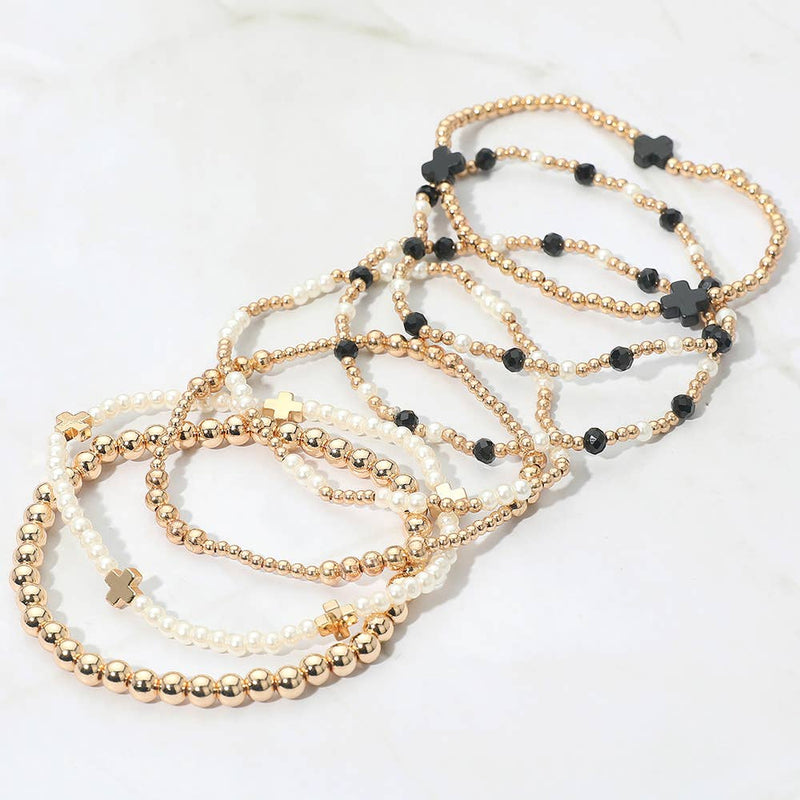 7PCS - Cross Pearl Metal Ball Beaded Stretch Multi Layered Bracelets-zoom-