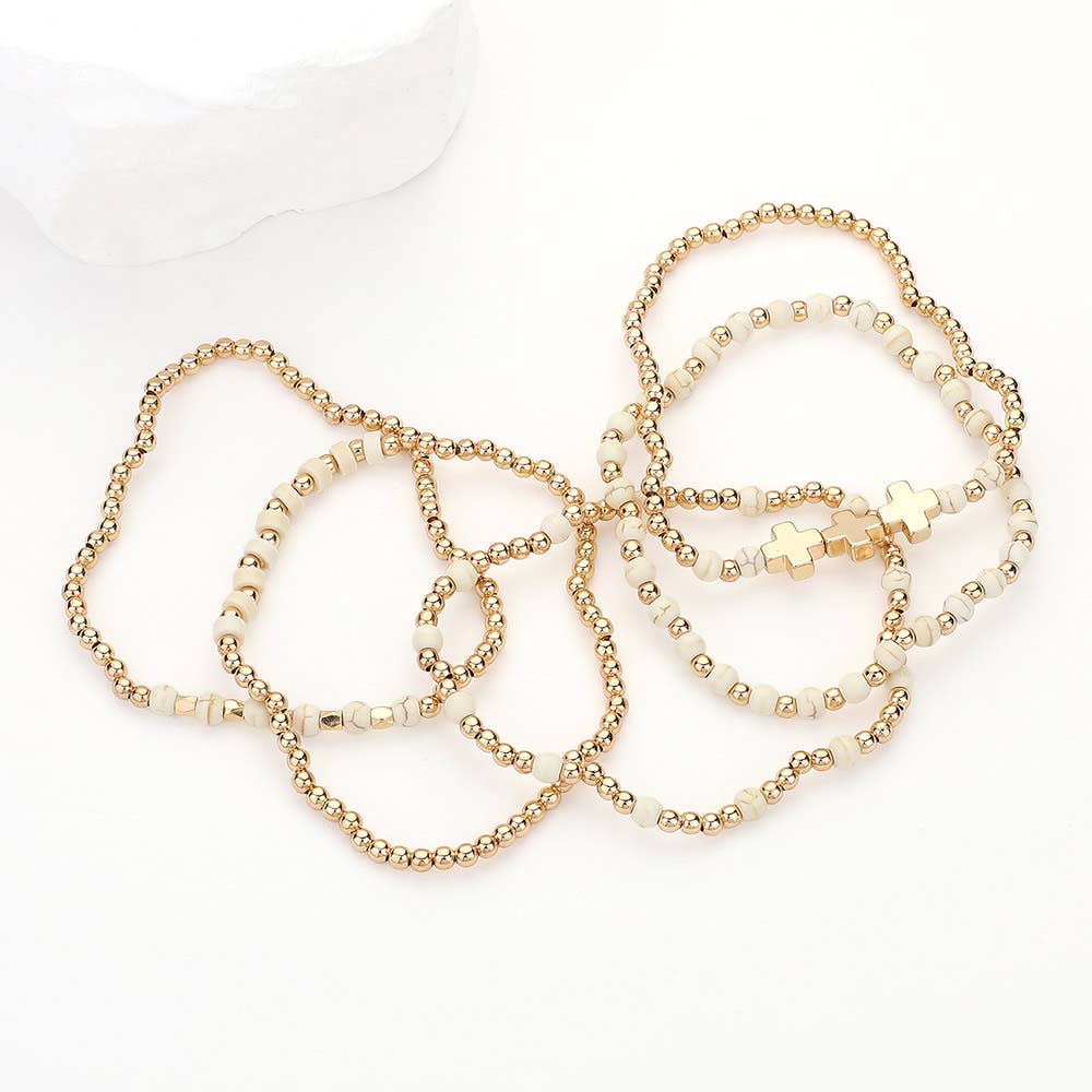 5PCS - Natural Stone Metal Cross Ball Beaded Stretch Multi Layered Bracelets-zoom-4