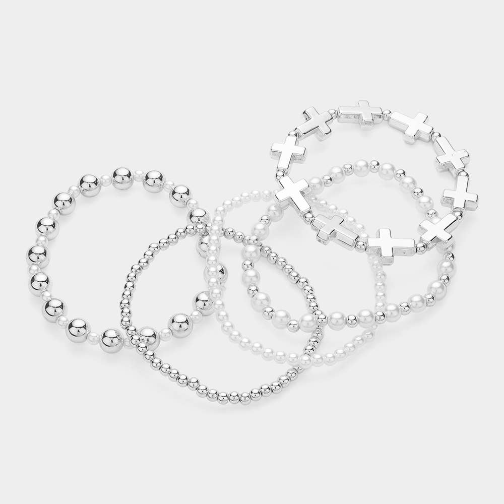 5PCS - Metal Cross Pearl Bead Stretch Multi Layered Bracelet-4