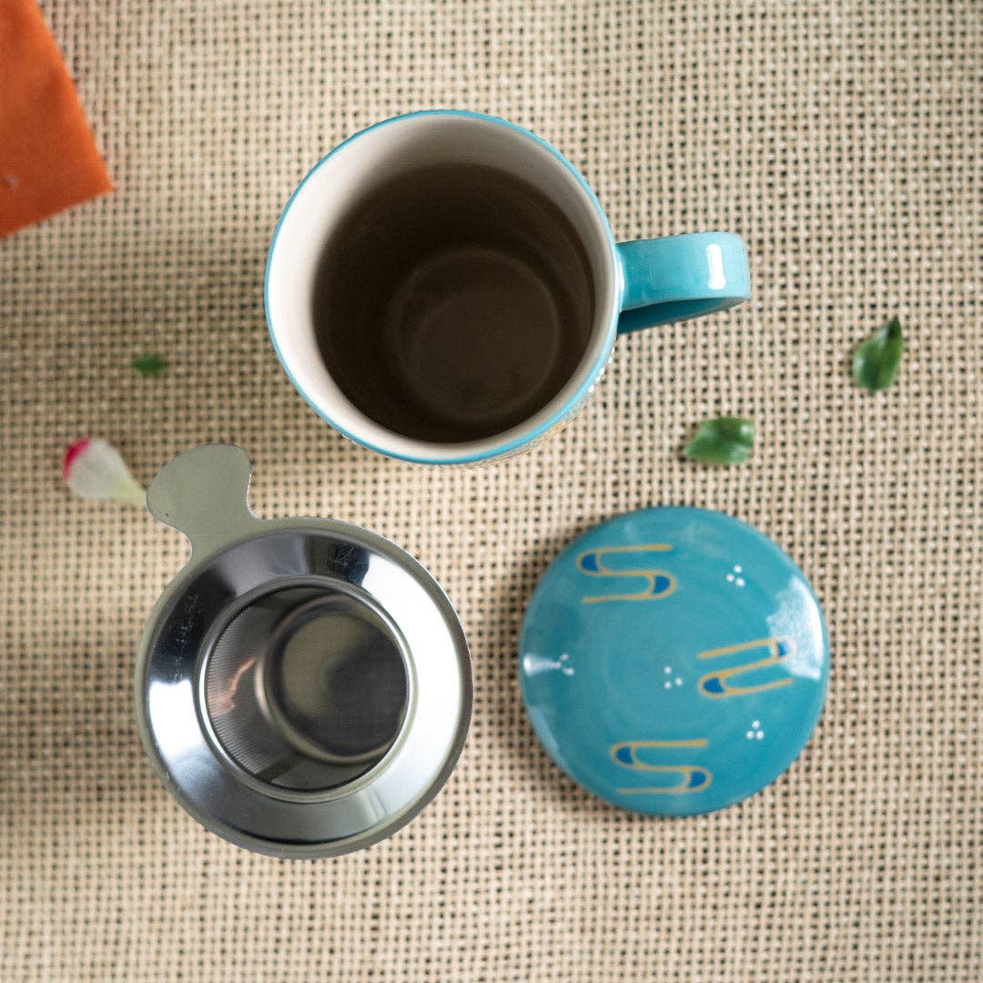 JAPANESE 15 oz TEA MUG WITH INFUSER - SUNSET WAVES w/CRANE DESIGN-2