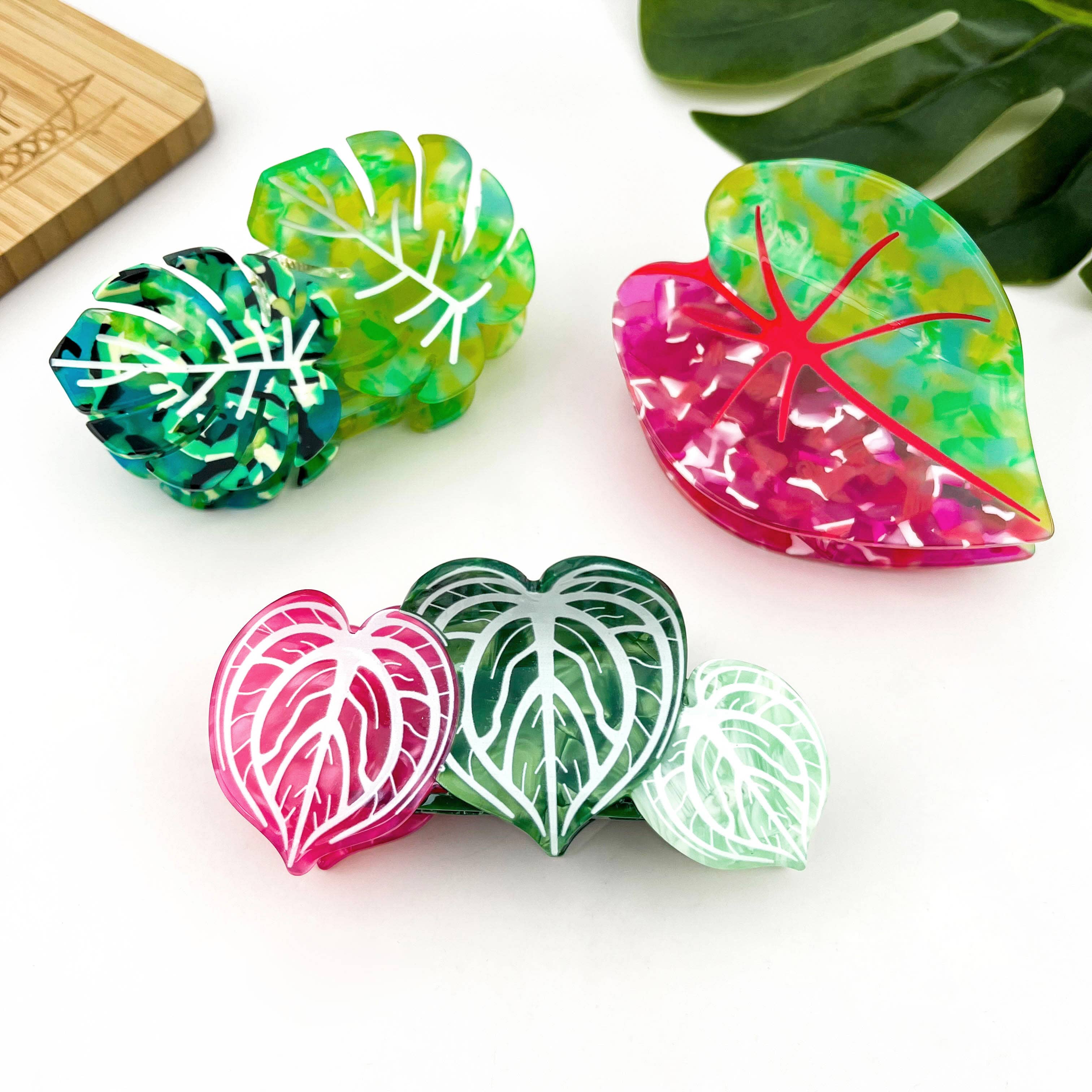Red Palm Leaf & Monstera Acetate Hair Claw Clip-zoom-1
