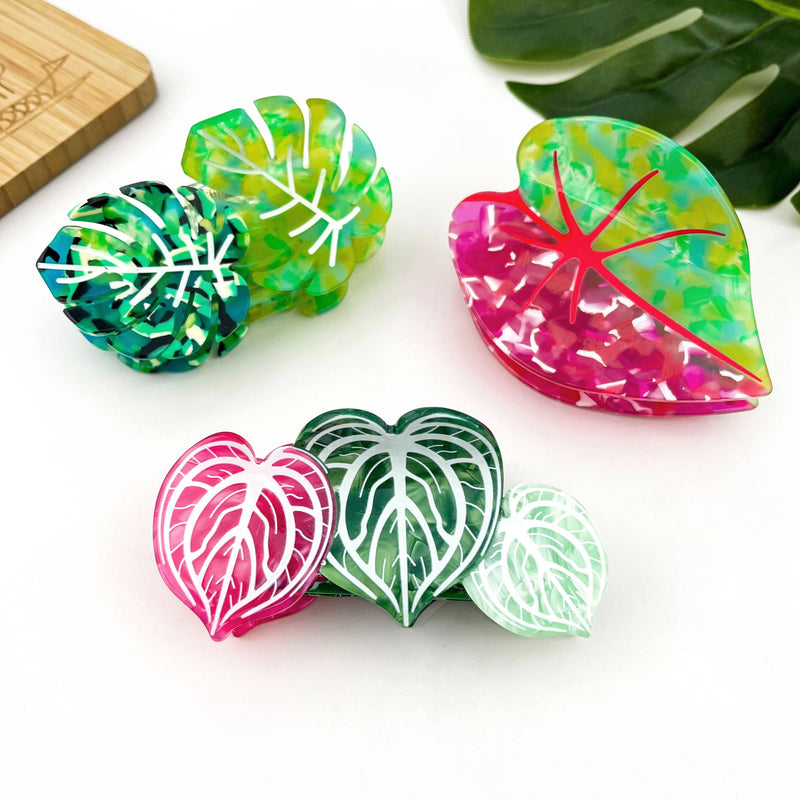 Red Palm Leaf & Monstera Acetate Hair Claw Clip-zoom-