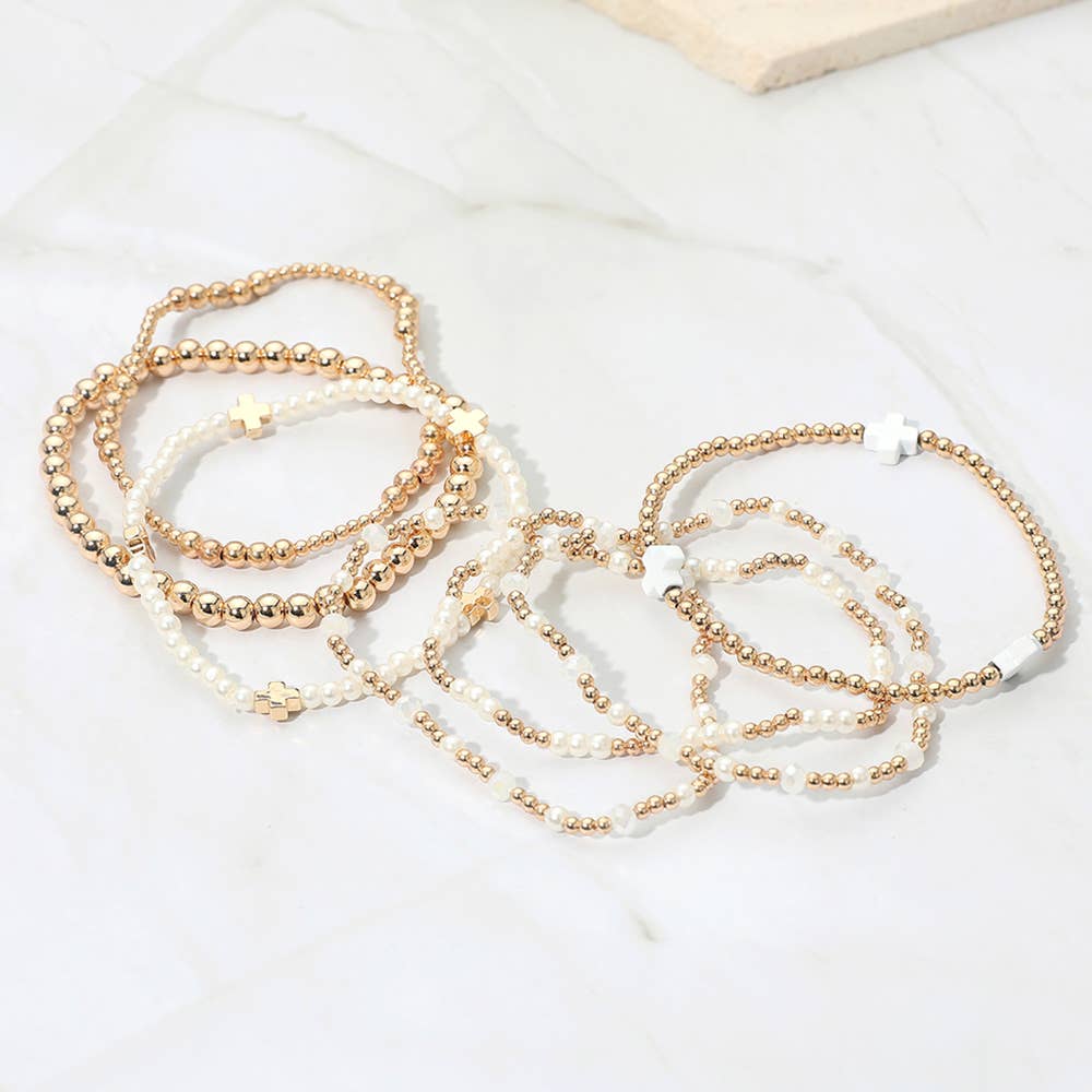 7PCS - Cross Pearl Metal Ball Beaded Stretch Multi Layered Bracelets-zoom-17