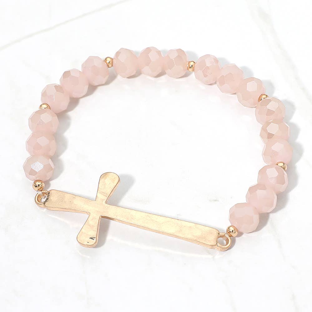 Brushed Hammered Metal Cross Accent Faceted Beaded Stretch Bracelet-6