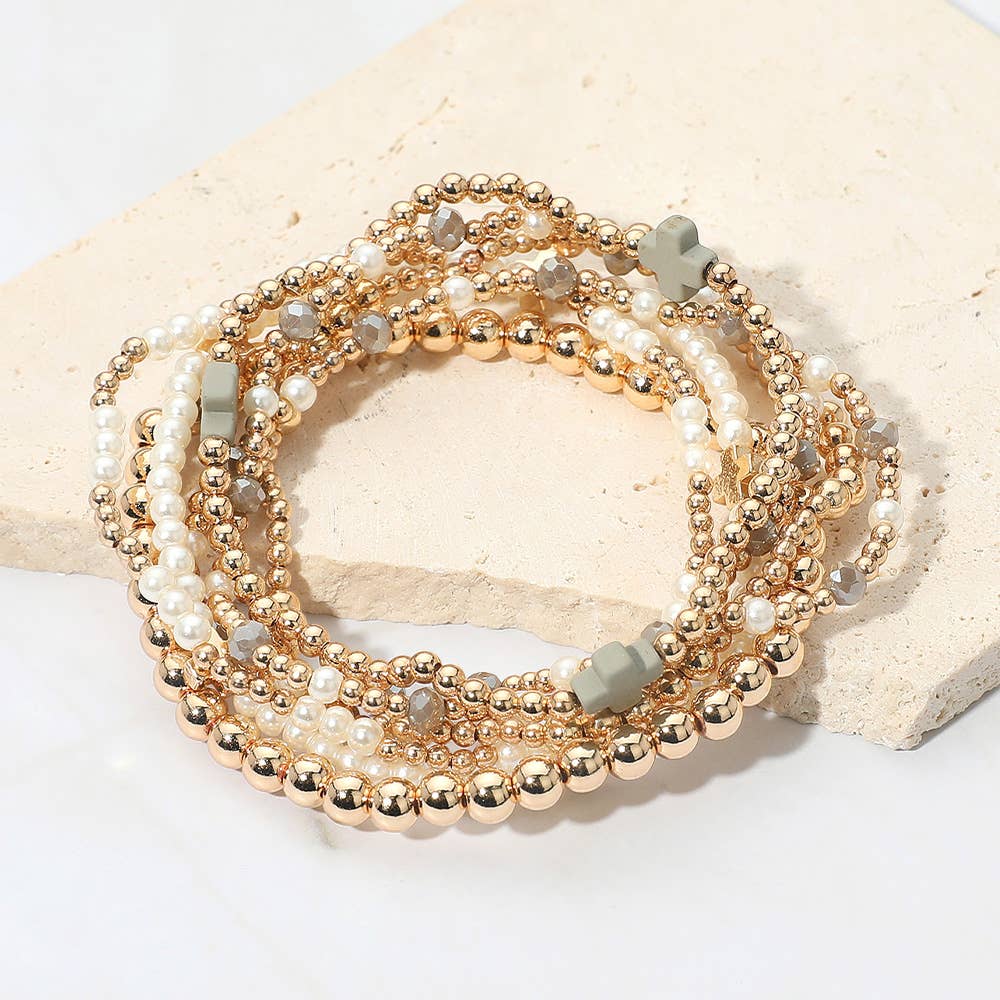 7PCS - Cross Pearl Metal Ball Beaded Stretch Multi Layered Bracelets-zoom-10