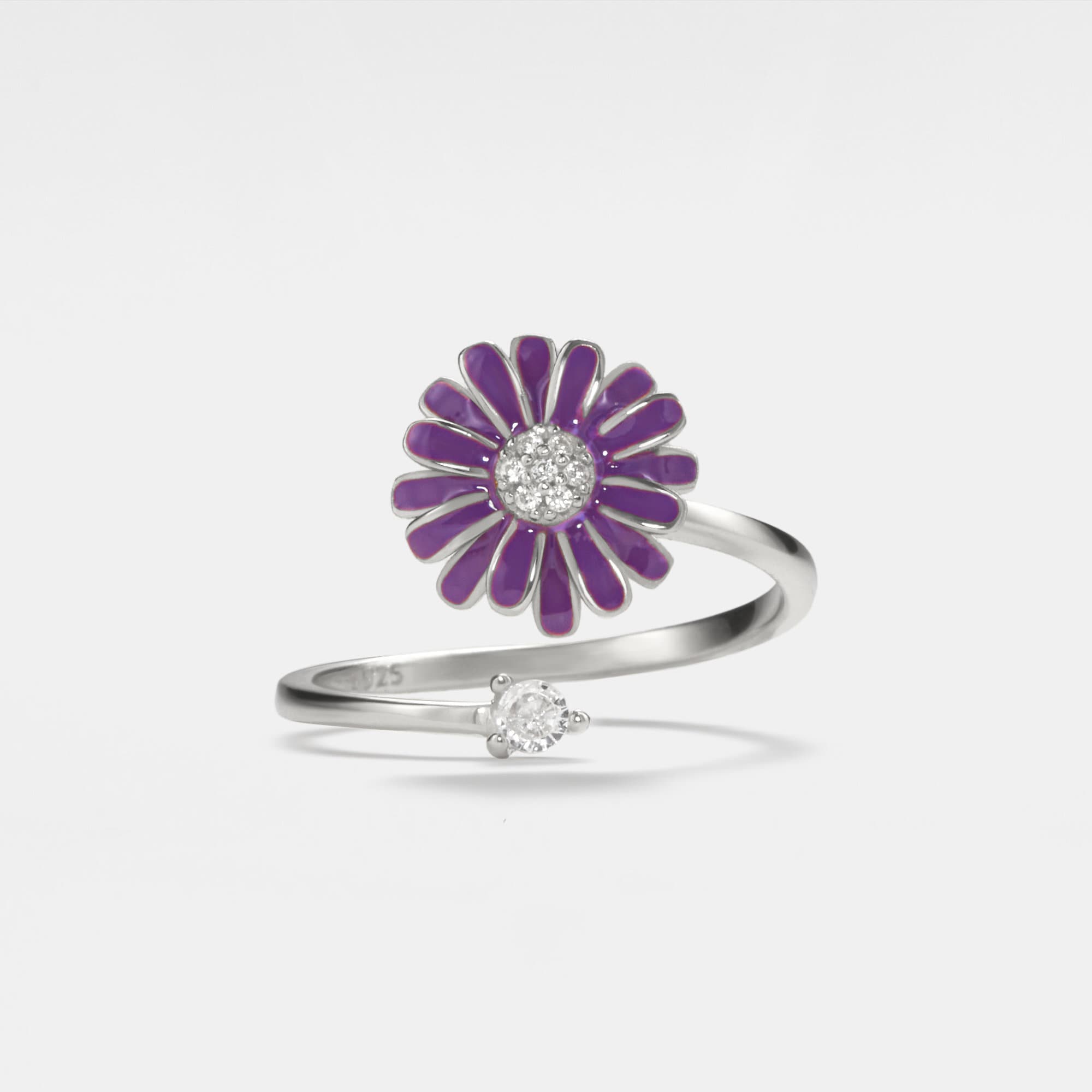 Purple Daisy Anxiety Fidget Spinner Ring in Sterling Silver-zoom-2