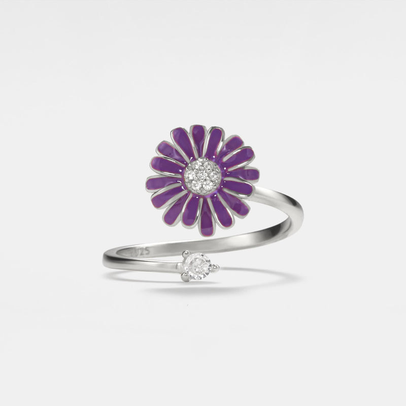 Purple Daisy Anxiety Fidget Spinner Ring in Sterling Silver-zoom-
