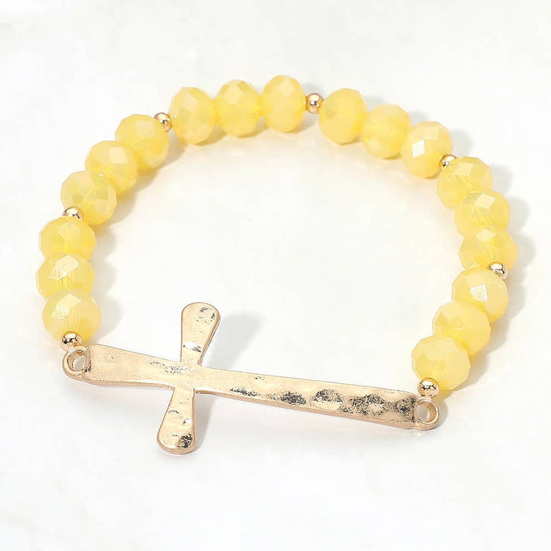 Brushed Hammered Metal Cross Accent Faceted Beaded Stretch Bracelet-zoom-