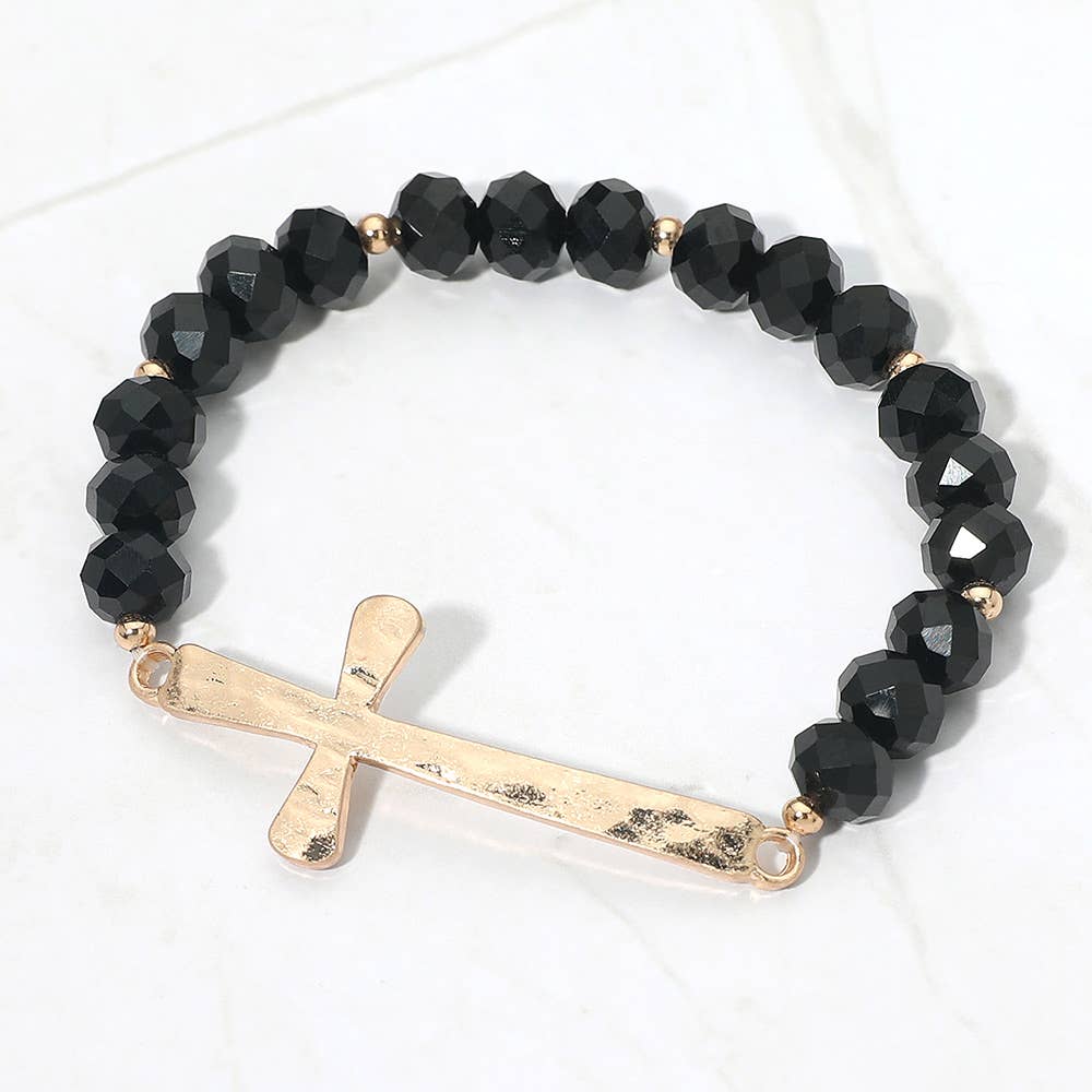 Brushed Hammered Metal Cross Accent Faceted Beaded Stretch Bracelet-zoom-5