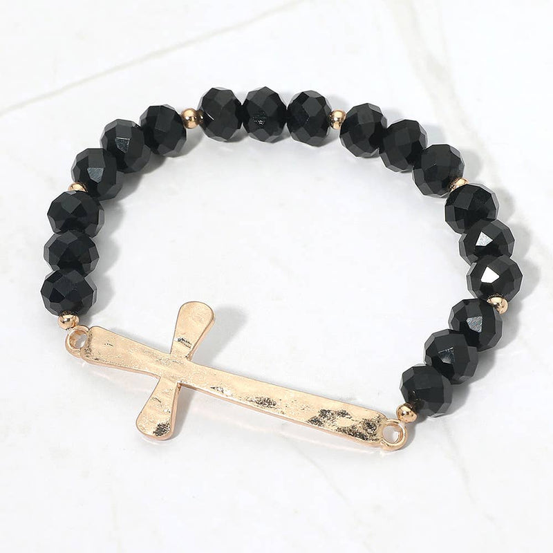 Brushed Hammered Metal Cross Accent Faceted Beaded Stretch Bracelet-zoom-
