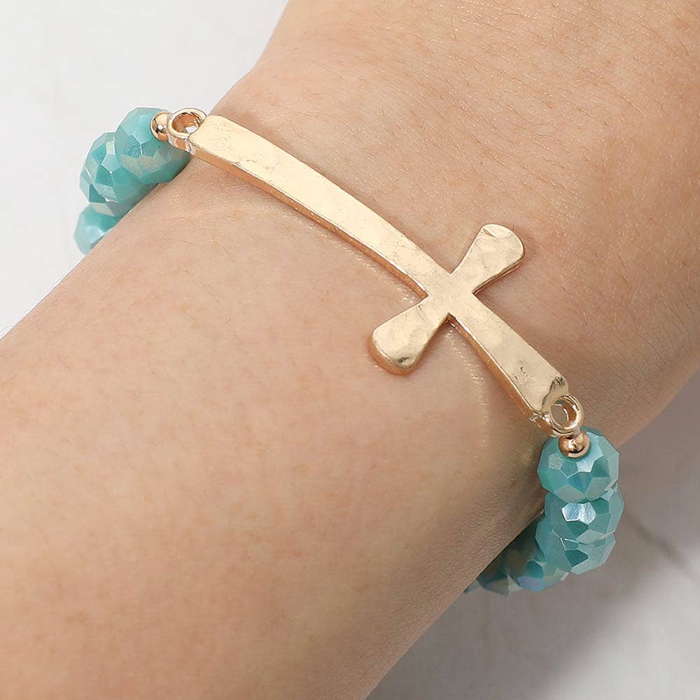 Brushed Hammered Metal Cross Accent Faceted Beaded Stretch Bracelet-3