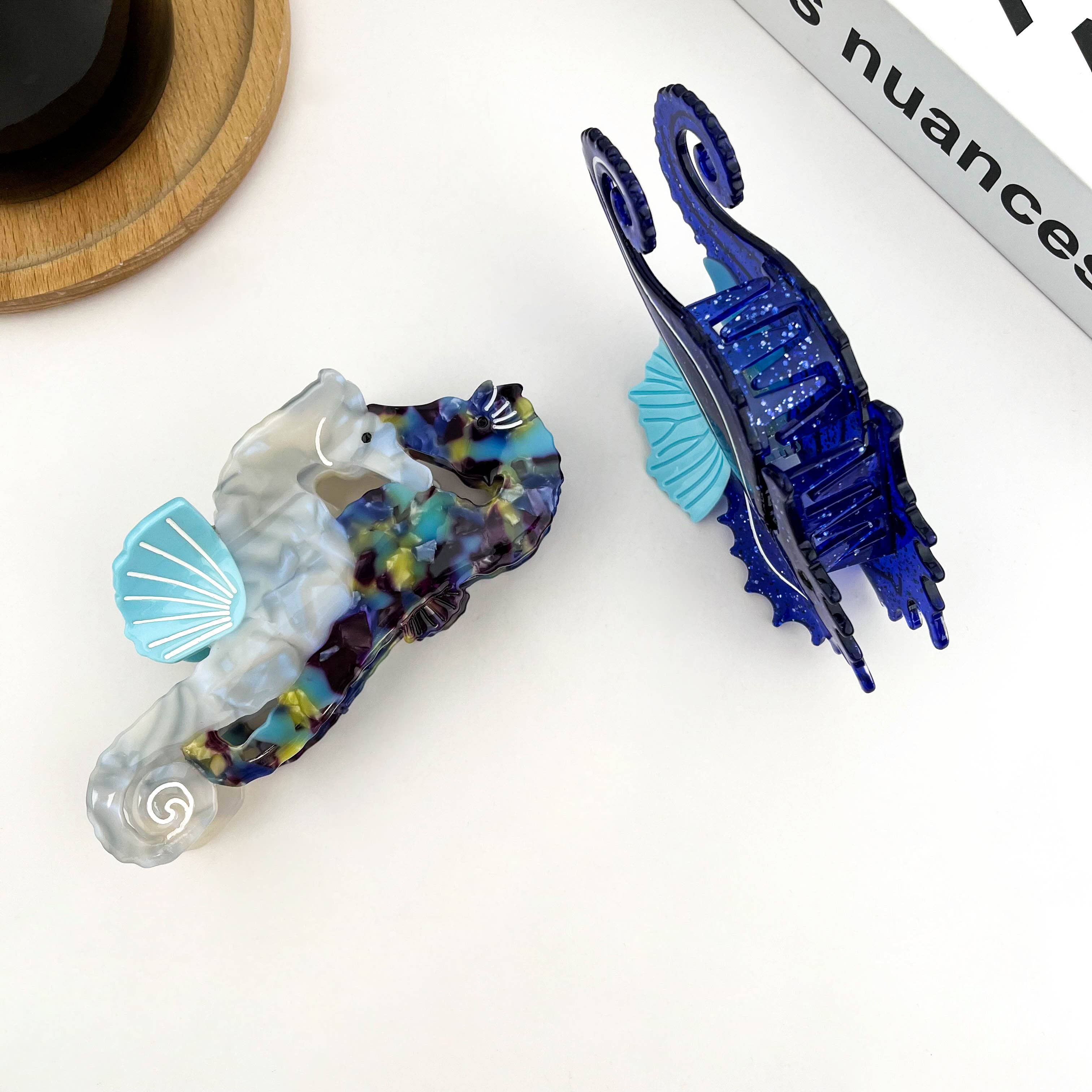 Blue Seahorse Hair Clip, Ocean-Inspired Animal Claw Clip-zoom-6