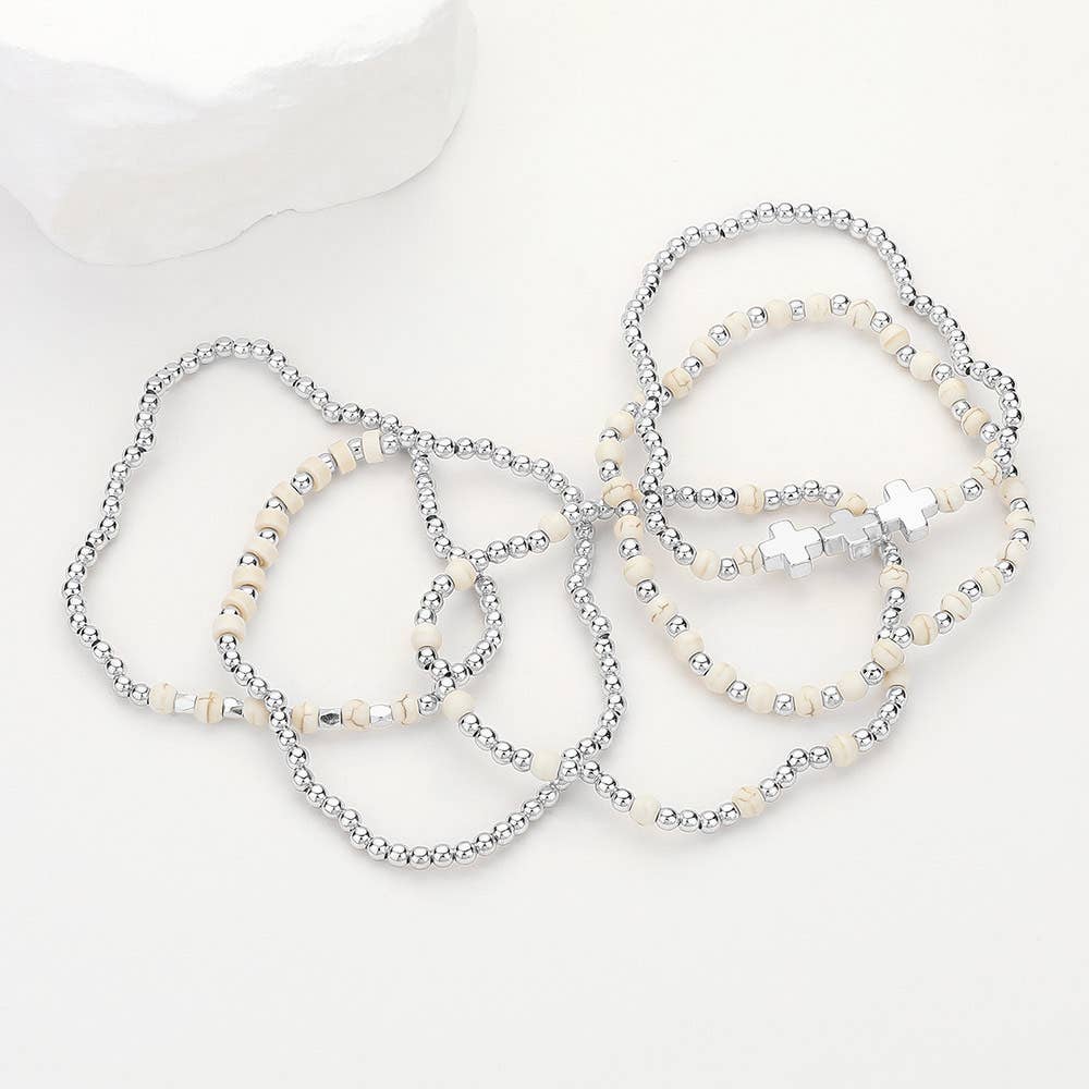 5PCS - Natural Stone Metal Cross Ball Beaded Stretch Multi Layered Bracelets-7