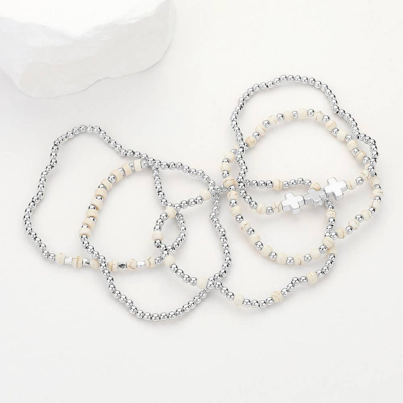 5PCS - Natural Stone Metal Cross Ball Beaded Stretch Multi Layered Bracelets-zoom-