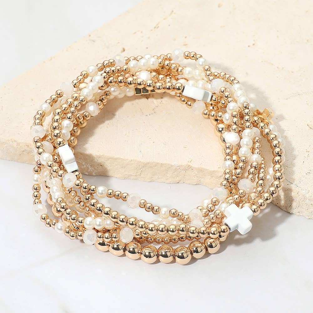 7PCS - Cross Pearl Metal Ball Beaded Stretch Multi Layered Bracelets-zoom-16