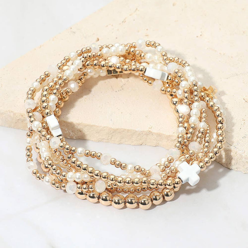 7PCS - Cross Pearl Metal Ball Beaded Stretch Multi Layered Bracelets-zoom-