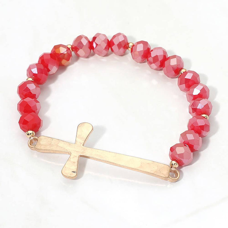 Brushed Hammered Metal Cross Accent Faceted Beaded Stretch Bracelet-zoom-