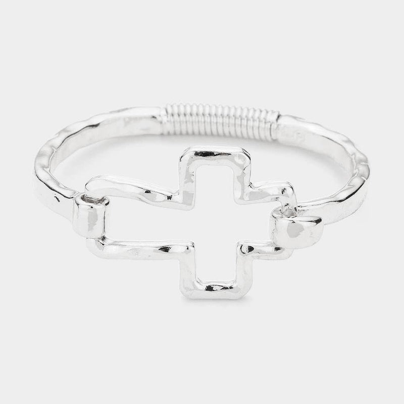 Hammered Open Metal Cross Hook Bracelet-zoom-