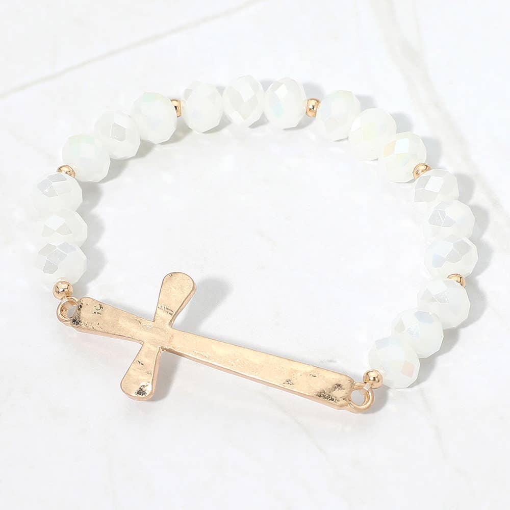 Brushed Hammered Metal Cross Accent Faceted Beaded Stretch Bracelet-zoom-11