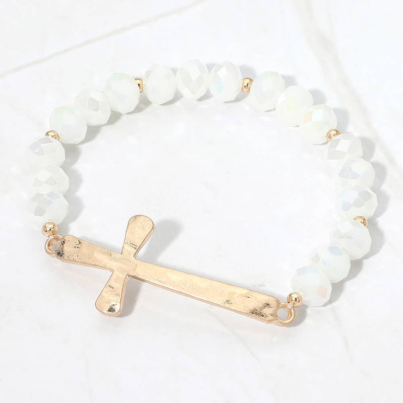 Brushed Hammered Metal Cross Accent Faceted Beaded Stretch Bracelet-zoom-