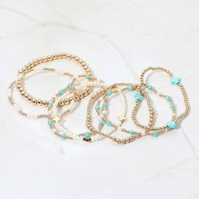 7PCS - Cross Pearl Metal Ball Beaded Stretch Multi Layered Bracelets-zoom-
