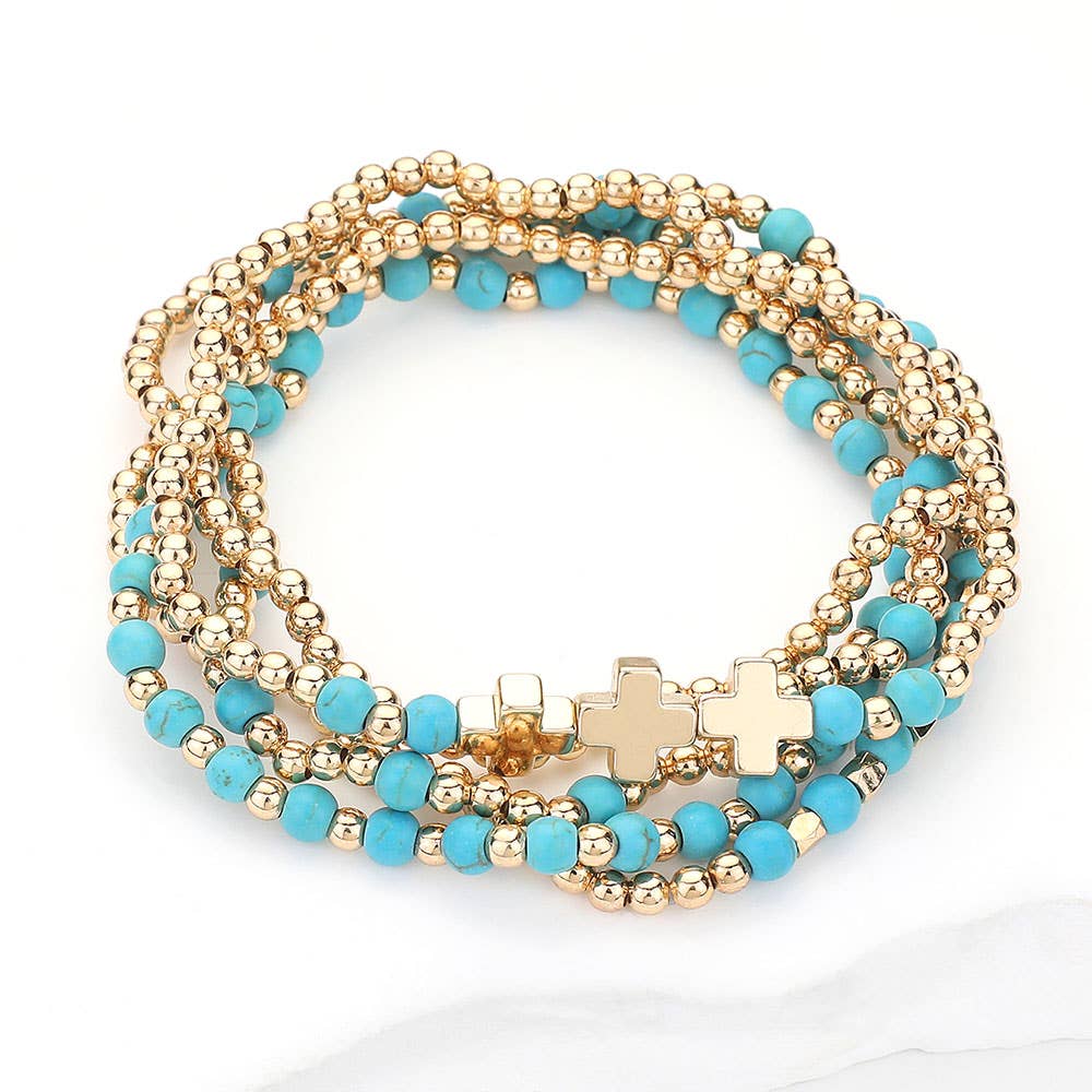 5PCS - Natural Stone Metal Cross Ball Beaded Stretch Multi Layered Bracelets-8