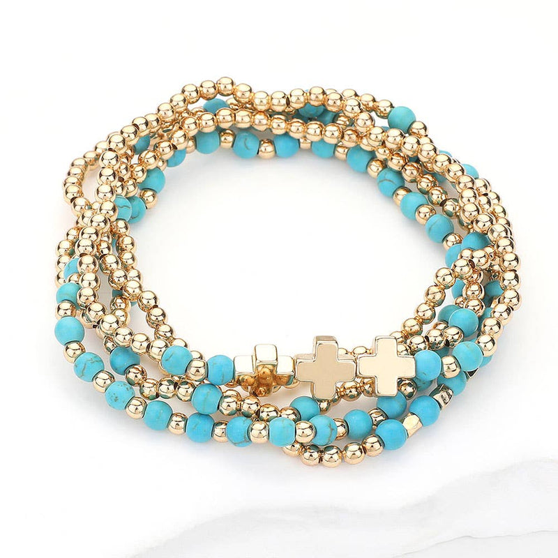 5PCS - Natural Stone Metal Cross Ball Beaded Stretch Multi Layered Bracelets-zoom-